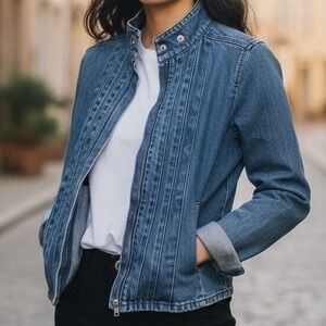 Y2K A|X Armani Exchange Womens Pleated Front Denim Jacket Blue Medium Wash Small